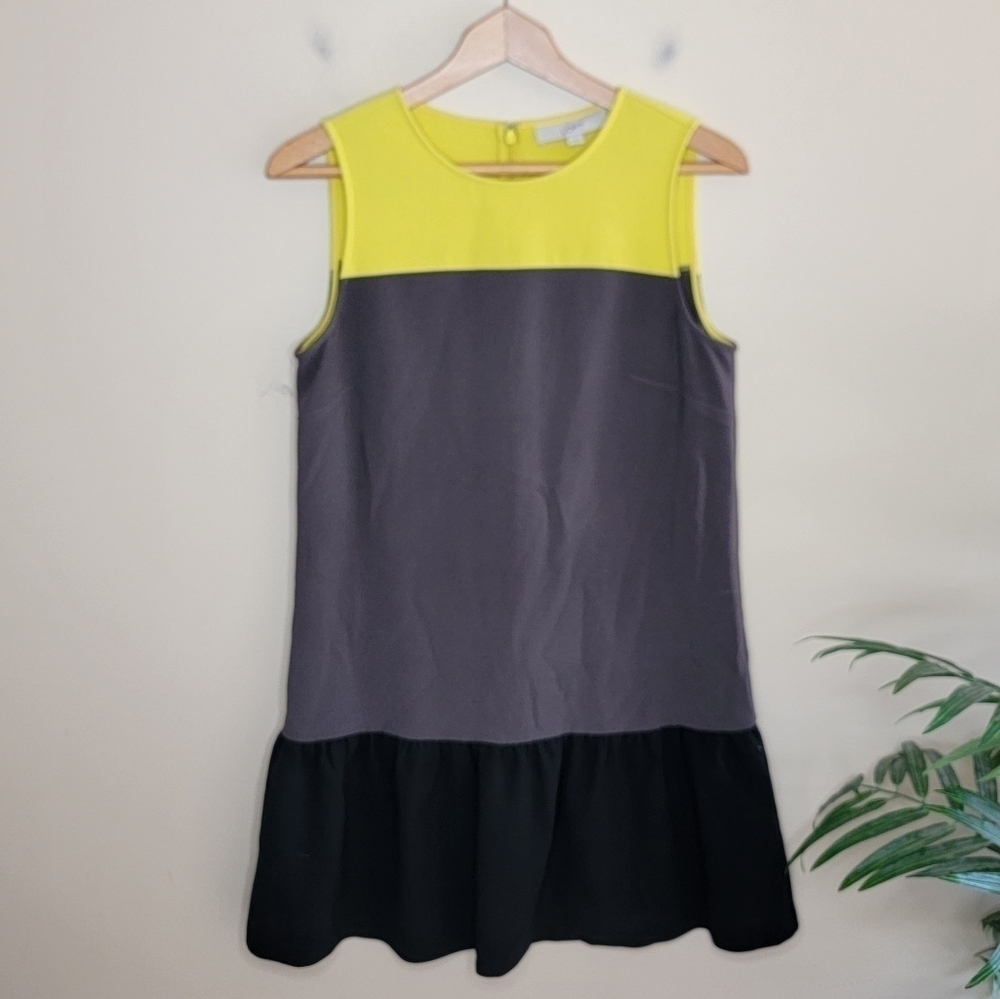 Loft | Yellow Gray Black Colorblock Dress with Ruffle Hem Size 6